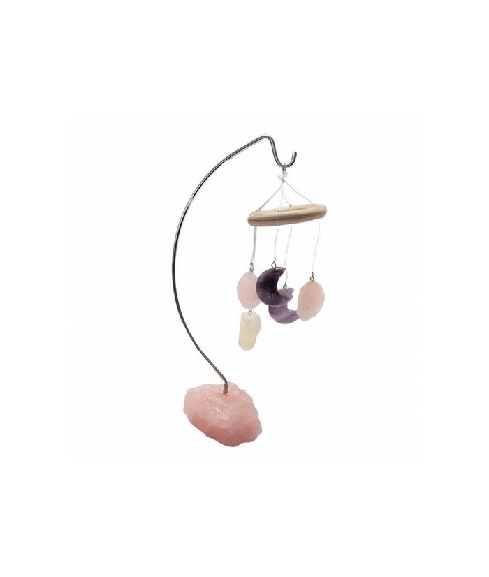 Móvil de viento en base de Cuarzo Rosa.

Carillón de viento / Campanilla de mesa con adornos de Amatista en forma de media lu