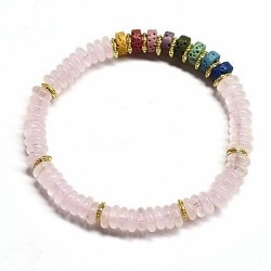 Pulsera de Cuarzo Rosa y Chakras en aros de 6mm aprox.

En goma elástica.

Peso: 40 gramos aprox.