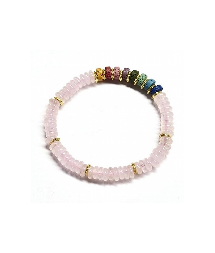 Pulsera de Cuarzo Rosa y Chakras en aros de 6mm aprox.

En goma elástica.

Peso: 40 gramos aprox.