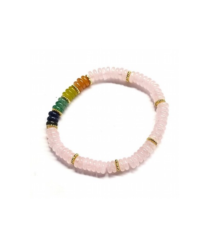 Pulsera de Cuarzo Rosa en aros surtidos de 6mm aprox.

En goma elástica.

Peso: 40 gramos approx.
