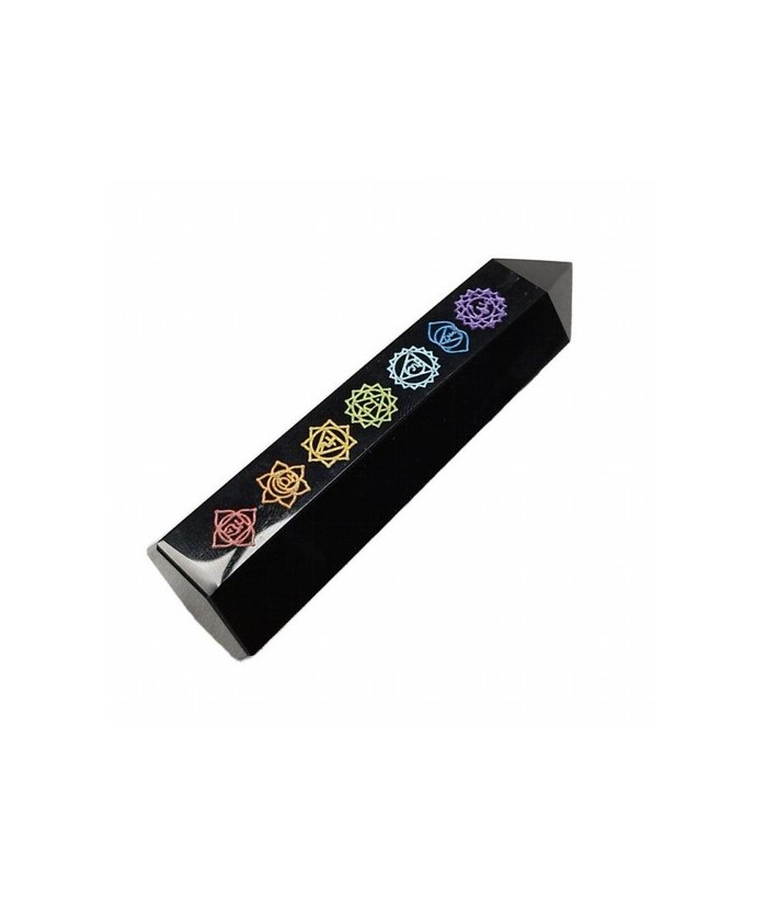 Punta pulida de Obsidiana Negra con los símbolos de los 7 Chakras.

Medidas: 9-10 cm aprox.

Peso: 95 gramos aprox.