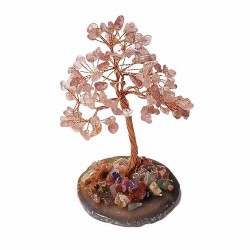 Árbol compuesto de 110 piedras chip (aprox.) de Cuarzo Strawberry (de 0,5 a 1 cm).

Base de chapa de Ágata con piedrecitas ch