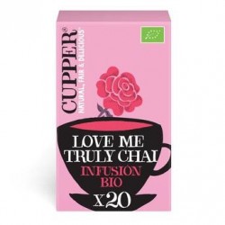 
INFUSION LOVE ME TRULY CHAI BIO, 20 BOLSAS
Ref. 604057

Ingredientes: canela* 47%, semillas de hinojo*, raíz de jengibre* 
