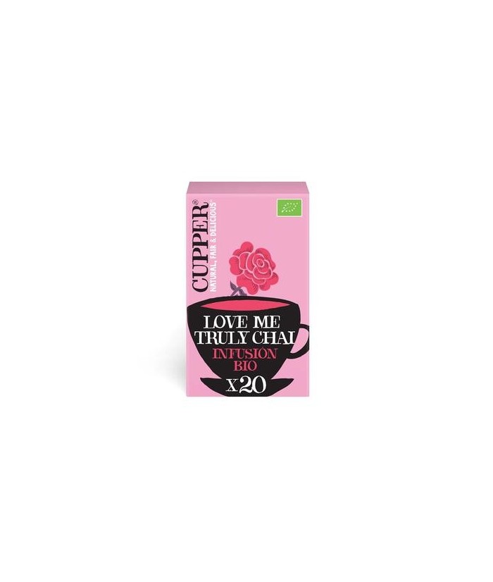 
INFUSION LOVE ME TRULY CHAI BIO, 20 BOLSAS
Ref. 604057

Ingredientes: canela* 47%, semillas de hinojo*, raíz de jengibre* 