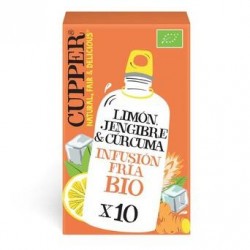 INFUSION FRIA CON LIMON, JENGIBRE Y CURCUMA BIO, 10 BOLSAS
Ref. 604075

Ingredientes: Raiz de jengibre* 38%, citronella (Cym