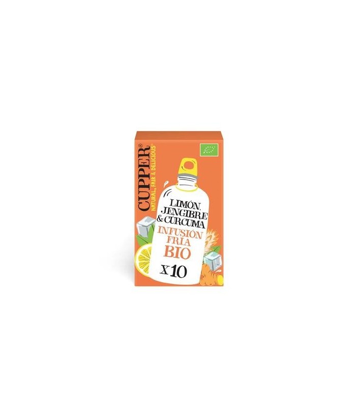 INFUSION FRIA CON LIMON, JENGIBRE Y CURCUMA BIO, 10 BOLSAS
Ref. 604075

Ingredientes: Raiz de jengibre* 38%, citronella (Cym