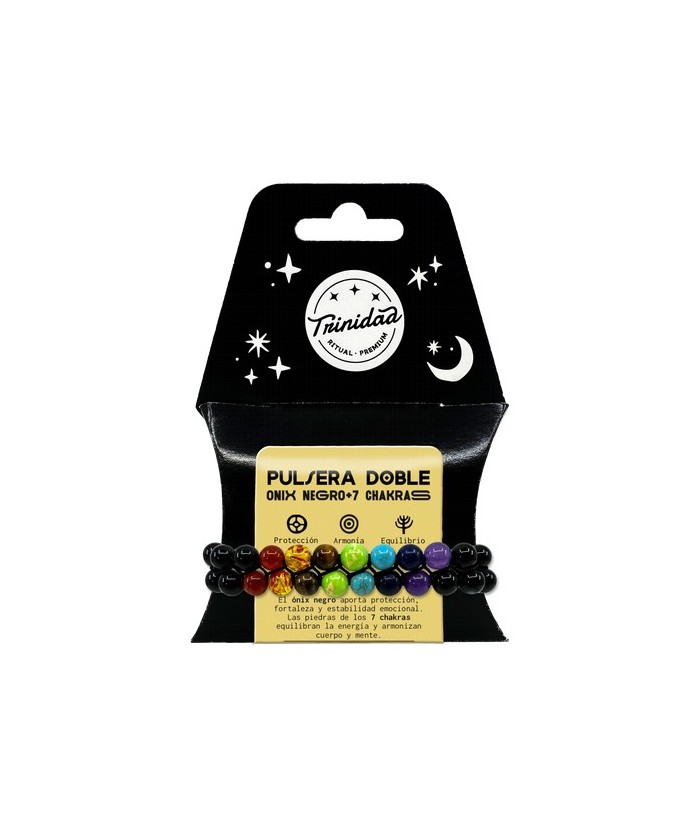 TRI.PULSERA DOBLE ONIX NEGRO 7 CHAKRAS BOLA 8 MM.
