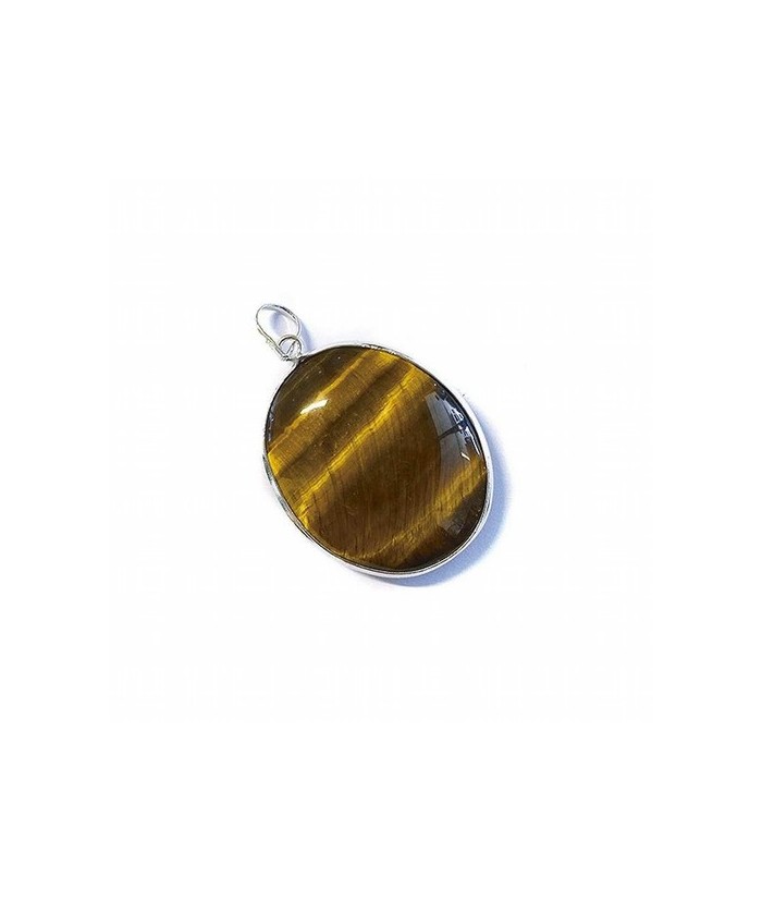 Colgante de Ojo de Tigre en forma oval, bordeado y engarzado en plata.

Tamaño: 3 x 2,5 cm aprox.
