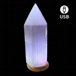 Lámpara de Selenita en Punta con base de madera redonda.

Medidas: de 25 a 30 cm de alto x 8,5 cm de diámetro aprox.

Peso 
