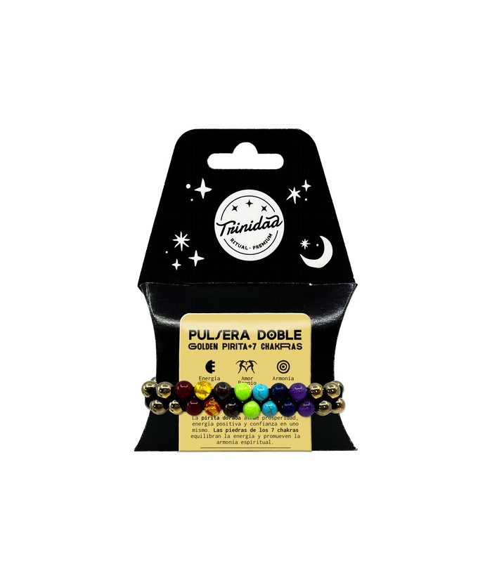 TRI.PULSERA DOBLE GOLDEN PIRITA 7 CHAKRAS BOLA 8 MM.