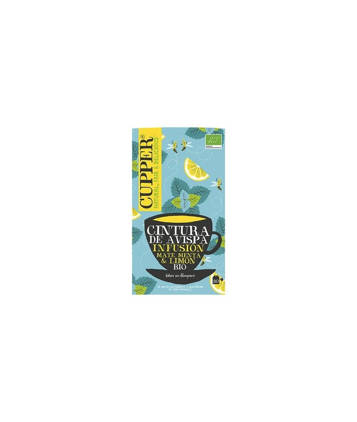 
INFUSION CINTURA DE AVISPA BIO, 20 BOLSAS
Ref. 604103

Ingredientes: mate* (63%), menta* (14,5%), aroma natural de limón* 