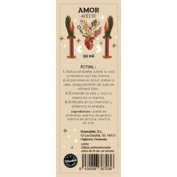 Aceite ritual elaborado con almendras, esencias geranio, almizcle y miel. Ideal para ungir velas y facilitar la adhesión de pol