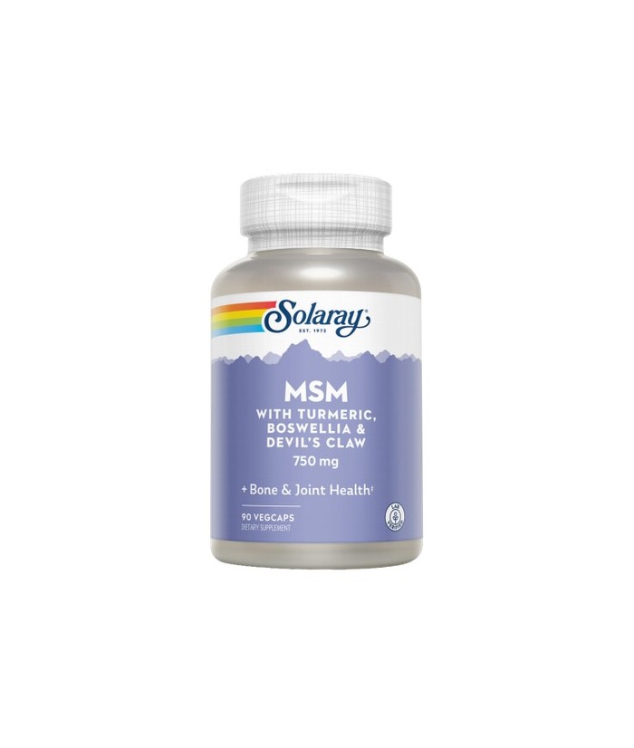 MSM with Turmeric, Boswellia & Devil's Claw & Harpago 750 mg - 90 Vegcaps.
Contenido medio (por VegCap)
MSM (metilsulfonilmet