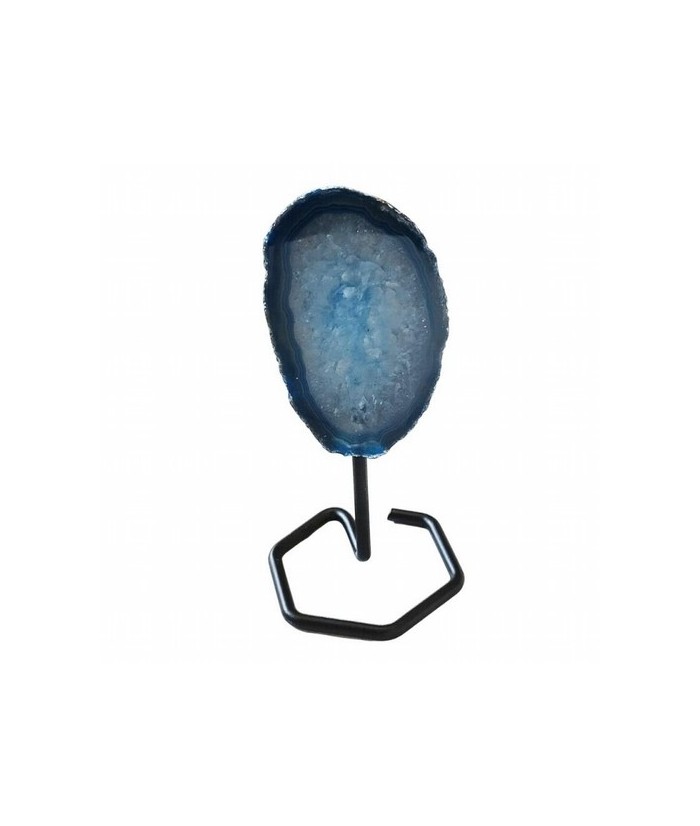 Chapa de Ágata Azul sobre base de metal de 4mm de grosor.

Origen: Brasil

Altura: 13 cm aprox.