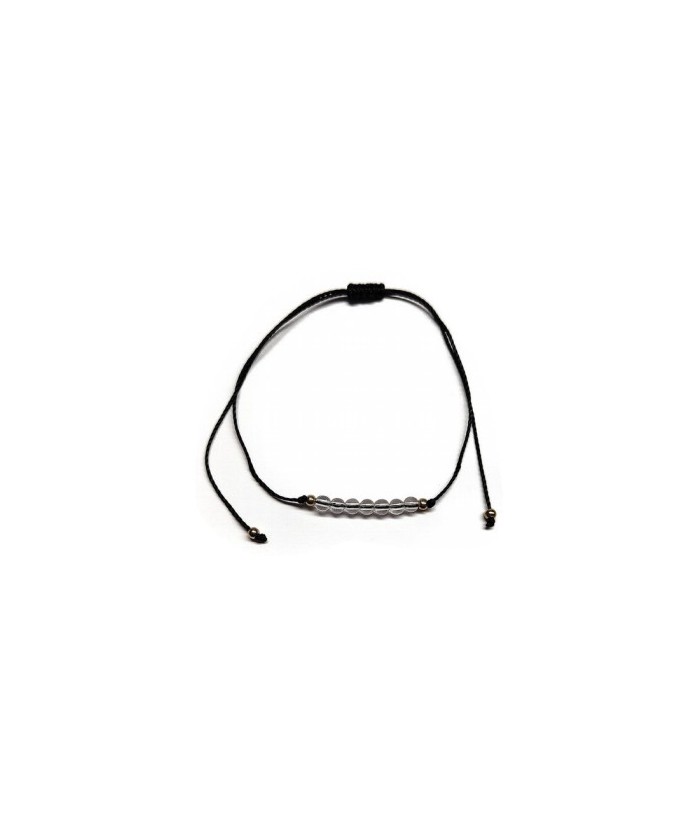 Pulsera de bolas de Cristal de Roca de 4mm en hilo negro ajustable.

Tarjeta exclusiva en 3 idiomas.