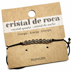 Pulsera de bolas de Cristal de Roca de 4mm en hilo negro ajustable.

Tarjeta exclusiva en 3 idiomas.
