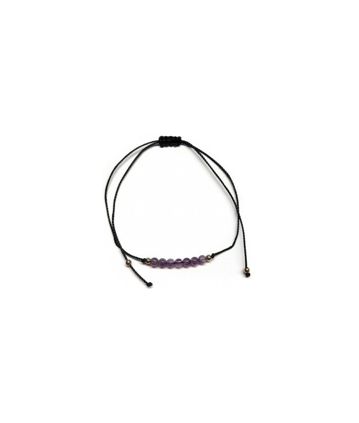 Pulsera de bolas de Amatista de 4mm en hilo negro ajustable.

Tarjeta exclusiva en 3 idiomas.