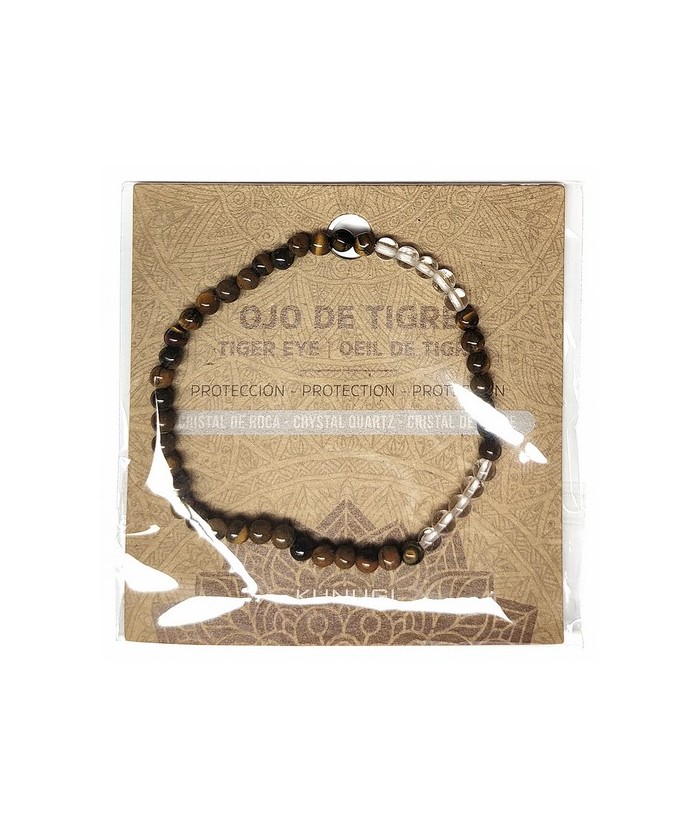 Pulsera de Ojo de Tigre y Cristal de Roca en bolas de 4mm.

En goma elástica.

Tarjeta exclusiva en 3 idiomas.