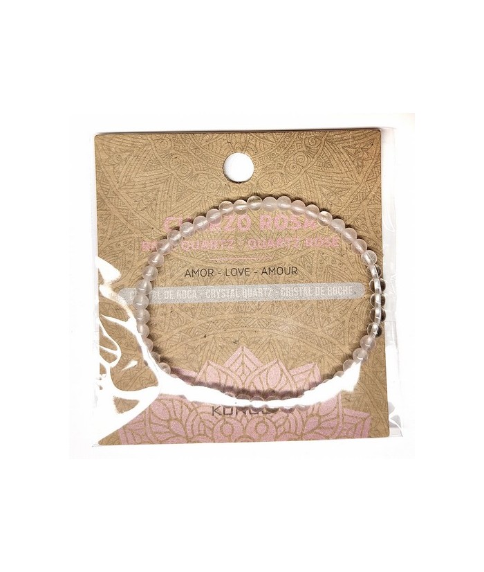 Pulsera de Cuarzo Rosa y Cristal de Roca en bolas de 4mm.

En goma elástica.

Tarjeta exclusiva en 3 idiomas