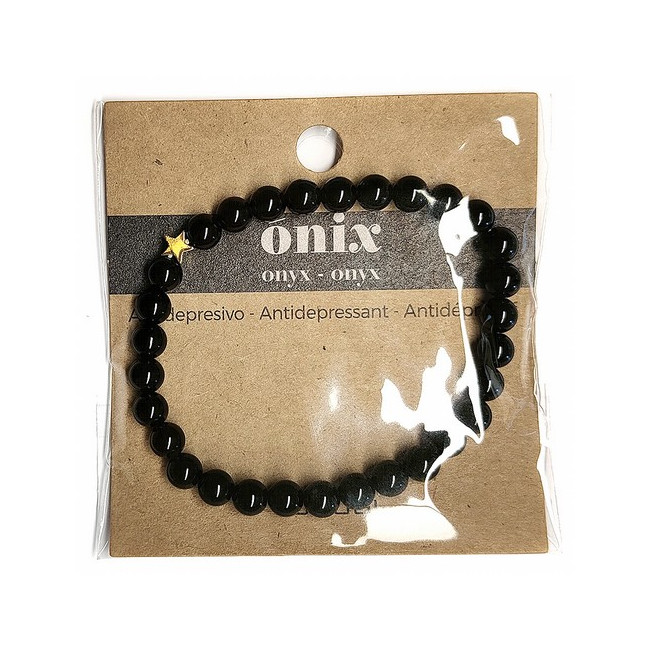 Pulsera de Ónix( bolas de 6mm) con símbolo de estrella plateada.

En goma elástica.

Tarjeta exclusiva en 3 idiomas.