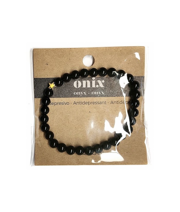Pulsera de Ónix( bolas de 6mm) con símbolo de estrella dorada.

En goma elástica.

Tarjeta exclusiva en 3 idiomas.
