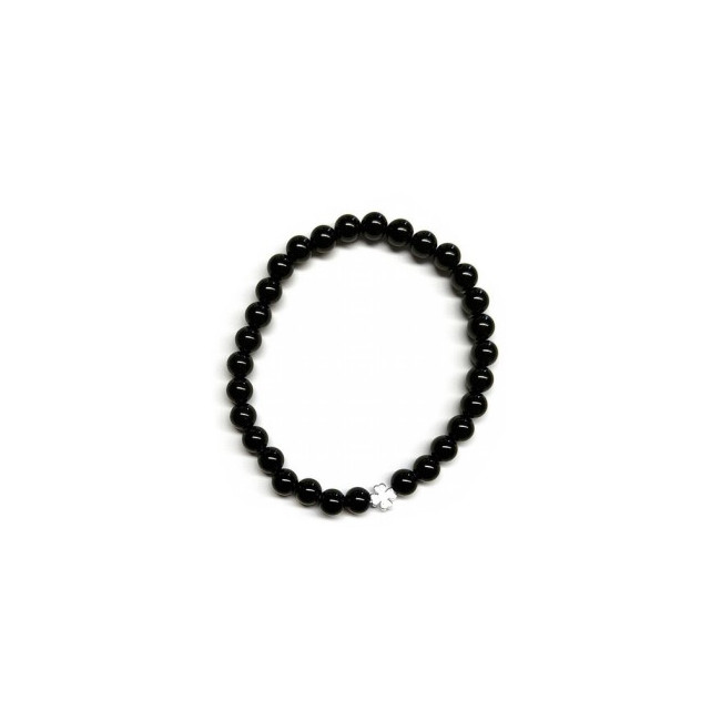 Pulsera de Ónix( bolas de 6mm) con símbolo de trébol plateado.

En goma elástica.

Tarjeta exclusiva en 3 idiomas.
