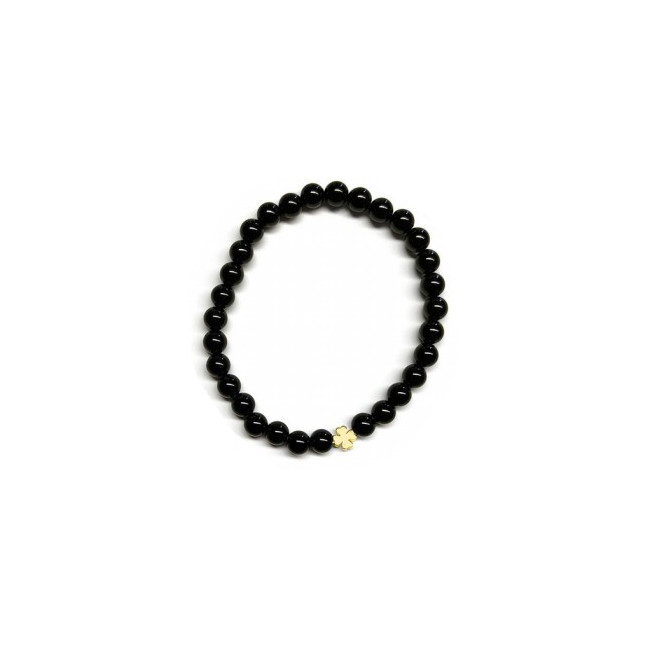 Pulsera de Ónix( bolas de 6mm) con símbolo de trébol dorado.

En goma elástica.

Tarjeta exclusiva en 3 idiomas.