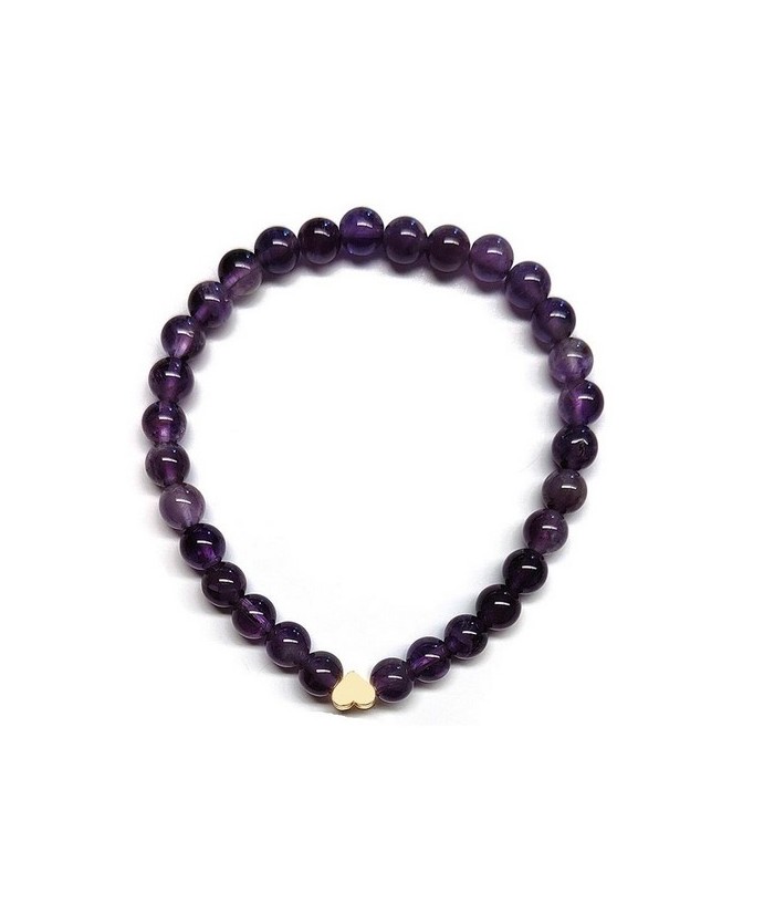 Pulsera de Amatista (bolas de 6mm) con símbolo de corazón dorado.

En goma elástica.

Tarjeta exclusiva en 3 idiomas