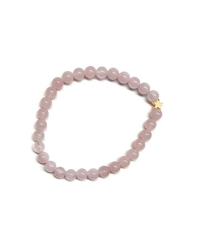 Pulsera de Cuarzo Rosa (bolas de 6mm) con símbolo de estrella dorada.

En goma elástica.

Tarjeta exclusiva en 3 idiomas.