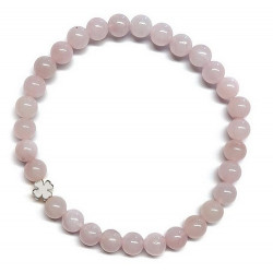 Pulsera de Cuarzo Rosa (bolas de 6mm) con símbolo de trébol plateado.

En goma elástica.

Tarjeta exclusiva en 3 idiomas
