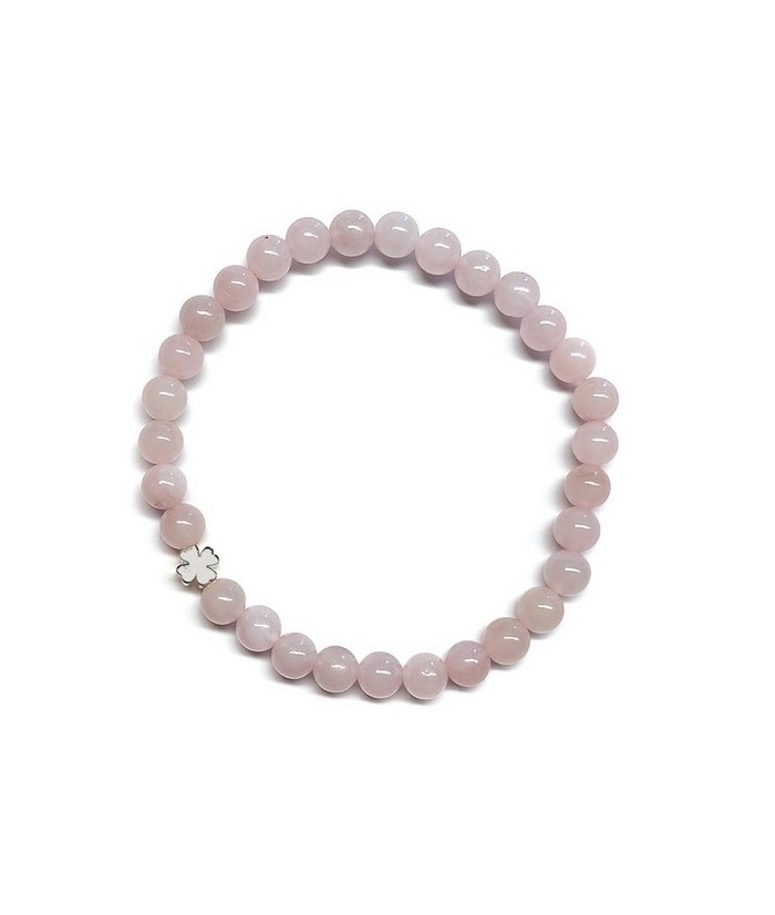 Pulsera de Cuarzo Rosa (bolas de 6mm) con símbolo de trébol plateado.

En goma elástica.

Tarjeta exclusiva en 3 idiomas