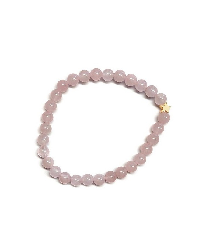 Pulsera de Cuarzo Rosa (bolas de 6mm) con símbolo de estrella dorada.

En goma elástica.

Tarjeta exclusiva en 3 idiomas.
