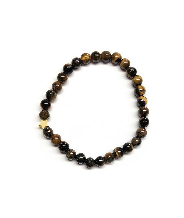 Pulsera de Ojo de Tigre (bolas de 6mm) con símbolo de estrella dorada.

En goma elástica.

Tarjeta exclusiva en 3 idiomas.