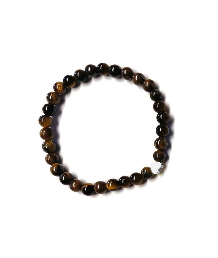 Pulsera de Ojo de Tigre (bolas de 6mm) con símbolo de corazón plateado.

En goma elástica.

Tarjeta exclusiva en 3 idiomas.