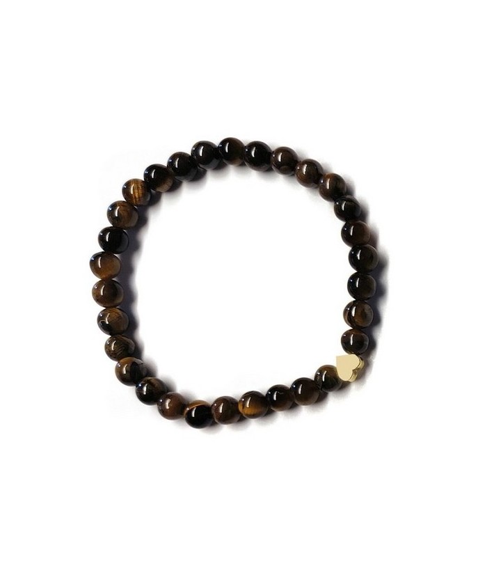 Pulsera de Ojo de Tigre (bolas de 6mm) con símbolo de corazón dorado.

En goma elástica.

Tarjeta exclusiva en 3 idiomas.