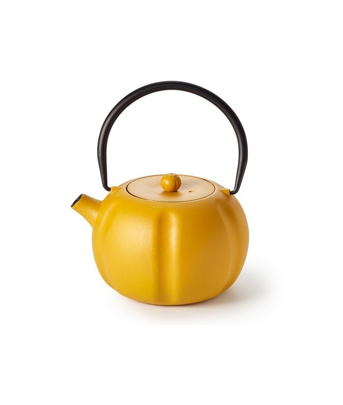 Su forma redonda y su color amarillo mostaza le dan a esta hermosa tetera de hierro un aspecto inusual que, con un poco de imag