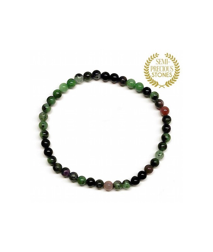 Pulsera de Rubí-Zoisita en bola de 4mm. Piedras semi-preciosas

Pulsera elástica.

Peso: 5 gramos aprox.