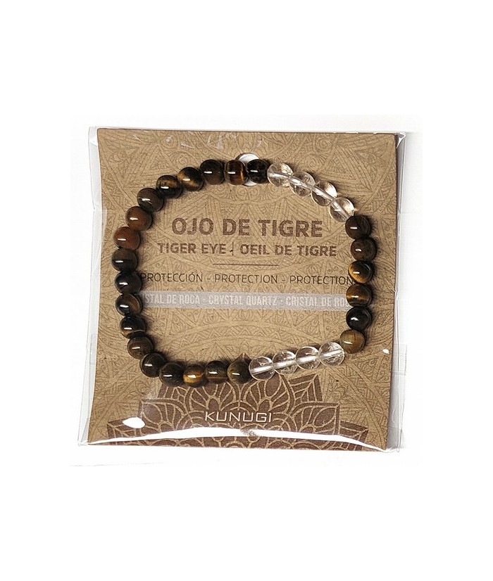 Pulsera de Ojo de Tigre y Cristal de Roca en bolas de 6mm.

En goma elástica.

Tarjeta exclusiva en 3 idiomas.