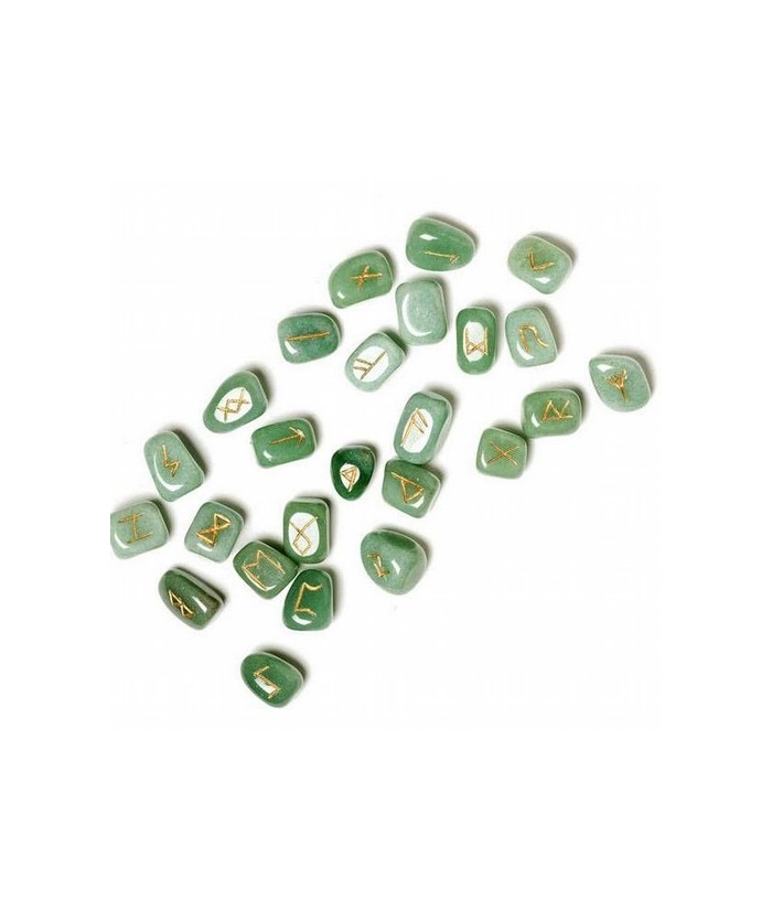  24 rodados de aventurina verde con los símbolos de las runas grabados en dorado.
