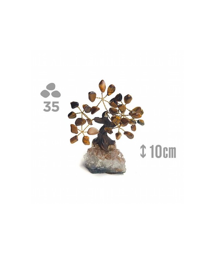 Árbol compuesto de 35 piedras de Ojo de Tigre (de 1cm aprox).

Base de drusa de Amatista.

Medida: 10cm de alto aprox