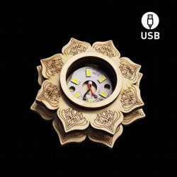 Base de Madera 6 Led Blanca USB con el símbolo de la Flor de Loto.

Incluye cable USB

No incluye adaptador de corriente


