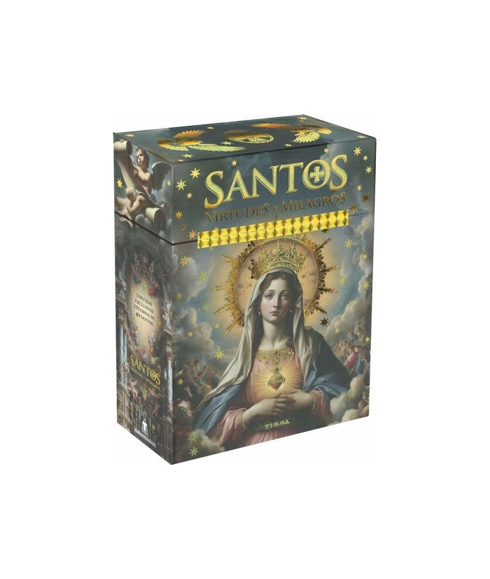 Caja que contiene 40 estampas de santos del cristianismo, representados en hermosas obras pictóricas, además de un libro de 80 