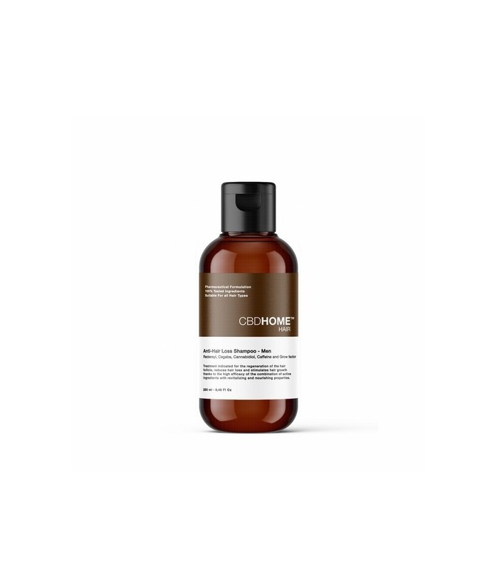 Este Champú Anticaída para Hombre, en formato de 250 ml,  es un tratamiento  que combina CBD, Redensyl, Cegaba, Cafeína y facto