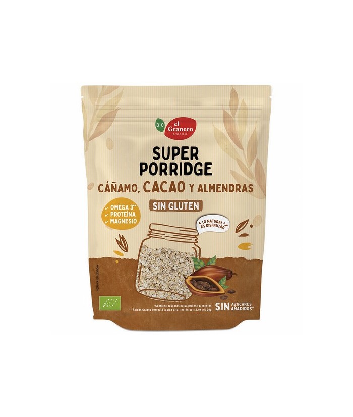 
SUPERPORRIDGE SIN GLUTEN CACAO BIO, 350 g
Ref. 019214

Ingredientes: copos de avena integral sin gluten* 69%, semillas de 