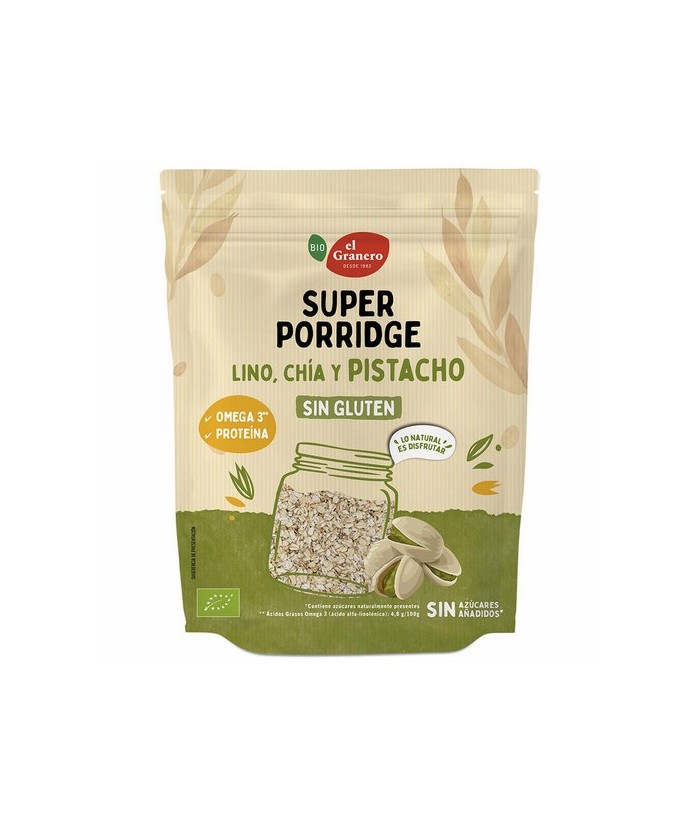 SUPERPORRIDGE SIN GLUTEN PISTACHO BIO, 350 g
Ref. 019213

Ingredientes: copos de avena integral sin gluten* 74%, semillas de