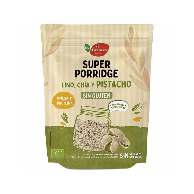 SUPERPORRIDGE SIN GLUTEN PISTACHO BIO, 350 g
Ref. 019213

Ingredientes: copos de avena integral sin gluten* 74%, semillas de