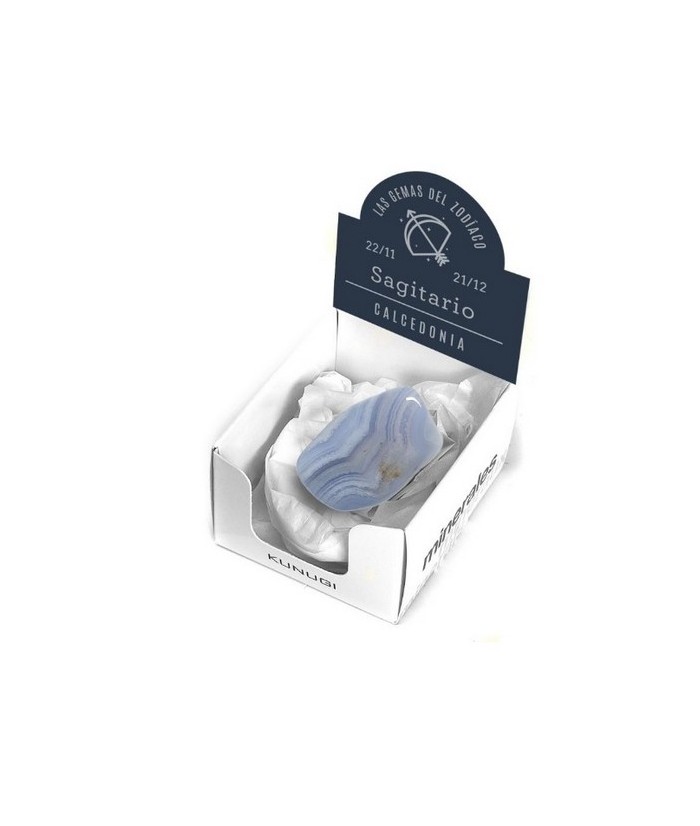 Caja que contiene gema de Calcedonia de 3-4 cm aprox.

El signo del zodíaco que representa la Calcedonia es Sagitario.

Med