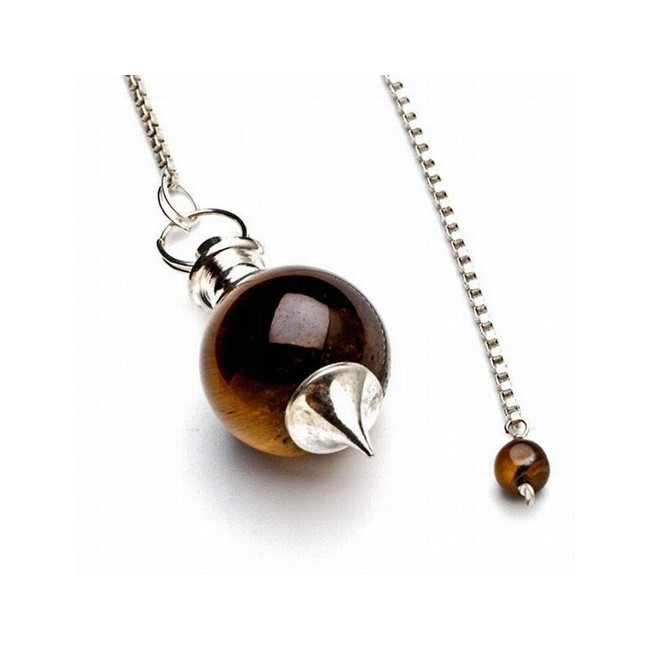 Péndulo bola de Ojo de Tigre de 20 mm. Con cadena de 200 mm. y terminación de acero.
Presentado en estuche de cartón que conti