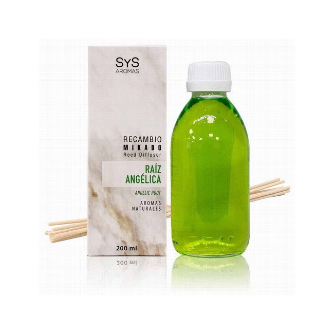 Nuestro Recambio Mikado Raíz Angélica 200 ml + Palos de la Colección Mármol de SYS Aromas aporta a cualquier estancia una fraga