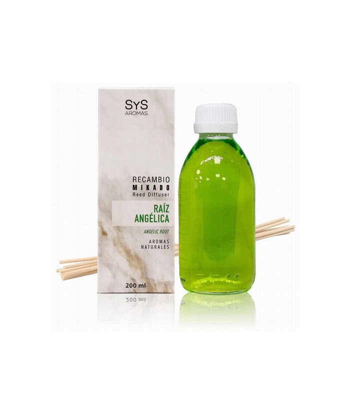 Nuestro Recambio Mikado Raíz Angélica 200 ml + Palos de la Colección Mármol de SYS Aromas aporta a cualquier estancia una fraga